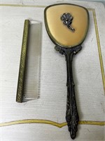 Gold brass tone Rose Mirror & comb Vanity Set