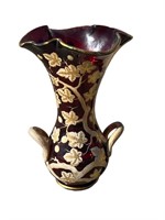 Ruby Red Glass Vase w/Gold Painted Leaves