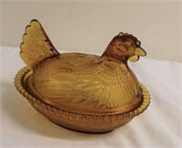 Amber Glass Hen on Nest Lidded Dish