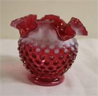 Fenton Cranberry Opalescent Hobnail Vase 4.5" T
