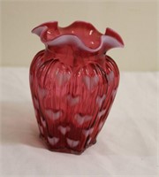 Fenton Cranberry Opalescent Heart Optic Vase 5" T