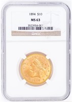 Coin 1894 Coronet Head $10 Gold  NGC MS63