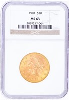 Coin 1901 $10 Coronet Gold NGC MS63