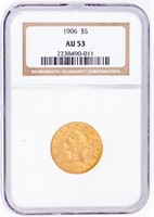 Coin 1906  Coronet Head $5 Gold Piece NGC AU53