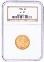 Coin 1885  Coronet Head $5 Gold Piece NGC AU50