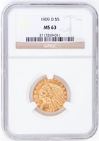 Coin 1909-D  Indian Head $5 Gold NGC MS63