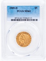 Coin 1909-D  Indian Head $5 Gold PCGS MS61