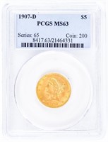 Coin 1907-D  Coronet Head $5 Gold  PCGS MS63