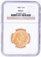 Coin 1880 Coronet Head $10 Gold  NGC MS61