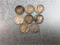 Eight Mercury dimes, 1940’s