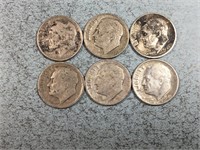 Six Roosevelt dimes, 1940’s