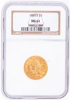 Coin 1885-S  Coronet Head $5 Gold Piece NGC MS61
