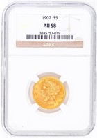 Coin 1907  Coronet Head $5 Gold Piece NGC AU58