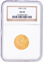 Coin 1901  Coronet Head $5 Gold Piece NGC AU50