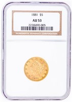 Coin 1881  Coronet Head $5 Gold Piece NGC AU53