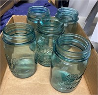 Lot of green vintage glass canning jars