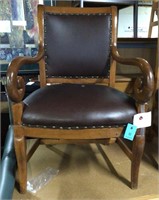 Brown Leather and Studded Wood Executive Chairs