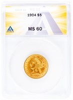 Coin 1904 Coronet Head $5 Gold Piece ANACS MS60