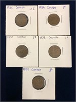 1935, 36, 37, 38, 1939 Canadian Small Pennies