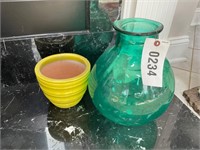 Green Glass Jug, approx. 12" tall and Green Plante