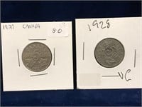 1927 & 1928 Canadian Nickels