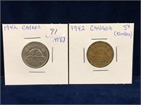 1942 & 1942 Tombac Canadian Nickels
