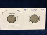 1917 & 1918 Canadian Silver Ten Cent Pieces