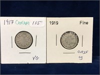 1917 & 1919 Canadian Silver Ten Cent Pieces