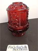 MID-CENTURY RED GLASS CANDY DISH WITH LID