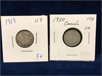 1919 & 1920 Canadian Silver Ten Cent Pieces