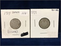 1919 & 1921 Canadian Silver Ten Cent Pieces