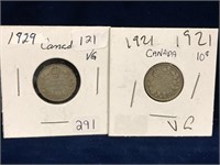 1929 & 1921 Canadian Silver Ten Cent Pieces