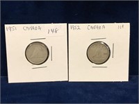 1951 & 1952  Canadian Silver Ten Cent Pieces
