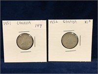 1951 & 1952  Canadian Silver Ten Cent Pieces
