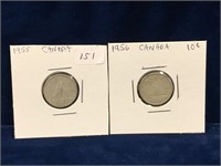1955 $ 1956 Canadian Silver Ten Cent Pieces