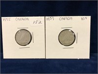 1955 & 1957 Canadian Silver Ten Cent Pieces