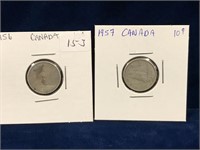 1956 & 1957 Canadian Silver Ten Cent Pieces