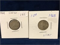 1964 & 1965 Canadian Silver Ten Cent Pieces
