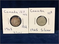 1963 & 1965 Canadian Silver Ten Cent Pieces