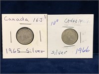 1965 & 1966 Canadian Silver Ten Cent Pieces