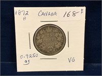 1872H Canadian Silver 25 Cent Piece