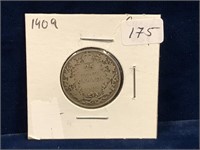 1909 Canadian Silver 25 Cent Piece