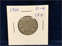 1910 Canadian Silver 25 Cent Piece