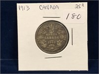1913 Canadian Silver 25 Cent Piece