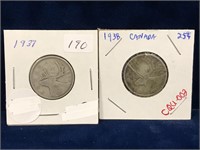 1937 &1938  Canadian Silver 25 Cent Pieces