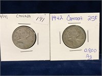 1941 & 1942  Canadian Silver 25 Cent Pieces