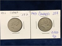 1942 & 1943  Canadian Silver 25 Cent Pieces
