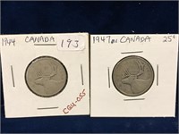 1944 & 1947ml  Canadian Silver 25 Cent Pieces