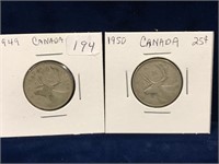 1949 & 1950  Canadian Silver 25 Cent Pieces