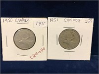 1950 & 1951  Canadian Silver 25 Cent Pieces